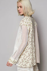 POL Lace Patchwork Floral Button-Up Shirt OutfitFlow